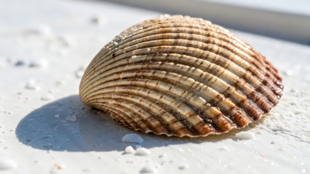 Sea shell on a white background. Selective focus. Shallow depth of fieldの素材