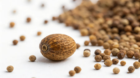 Whole and unpeeled coriander seeds on white backgroundの素材