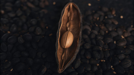 close up view of dry coffee beans on black background with copy spaceの素材