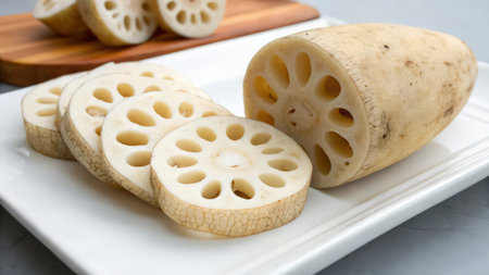 Sliced lotus root on a white plate, stock photoの素材