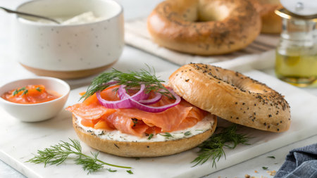 Bagel with smoked salmon, cream cheese and dill on white marble backgroundの素材