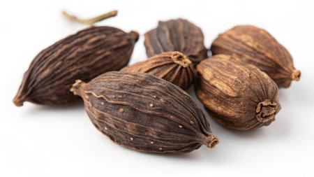 Black cardamom seeds isolated on white background. Close up.の素材