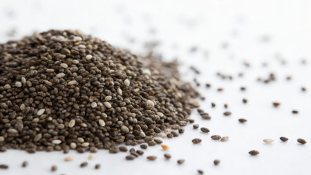Chia seeds on white background. Close up. Selective focus.の素材