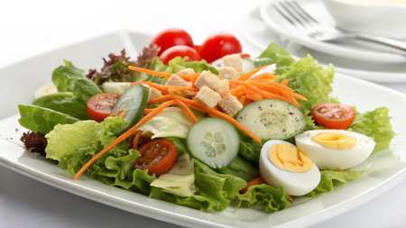 salad with cheese and vegetables on a white plate, close upの素材