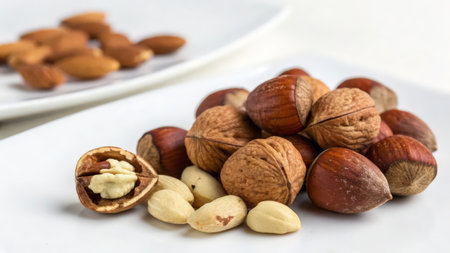 Hazelnuts and almonds on a white plate, close-upの素材