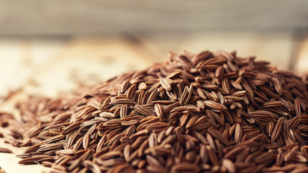 Pile of organic brown rice on wooden background. Close up.の素材