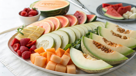 Plate with melon slices on table, closeup. Healthy foodの素材