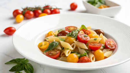 Pasta with cherry tomatoes, basil and parmesan cheese on white backgroundの素材