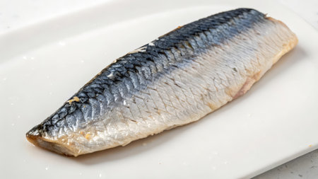 Salted herring on a white plate, close-up.の素材