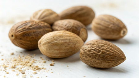 Whole nutmeg on a white wooden background. Selective focus.の素材