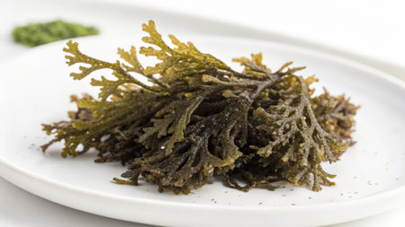 Seaweed on a white plate, isolated on white background.の素材