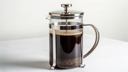 Coffee maker on a white background. Coffee is poured into a glass.の素材