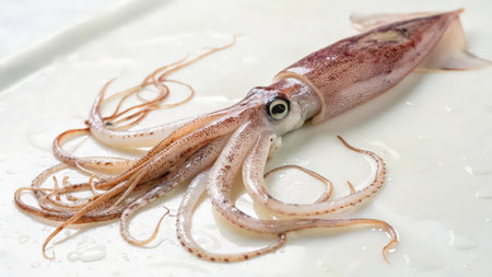 Fresh squid on a white plate, close-up, selective focusの素材