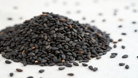 Black sesame seeds on white background. Close-up image.の素材