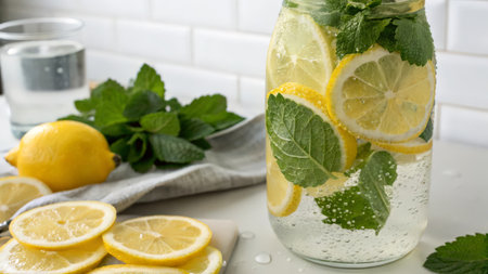 Detox water with lemon, mint and ice in a glass.の素材
