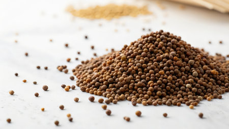 Heap of coriander seeds on white wooden table, closeupの素材