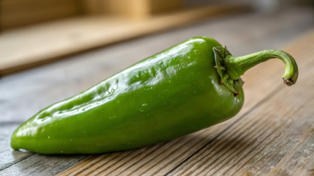 Green pepper on a wooden table. Shallow depth of field.の素材