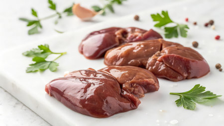 Raw chicken liver with spices and herbs on a white marble board.の素材