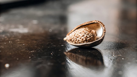 Close up of sesame seeds in a shell on a wooden surfaceの素材