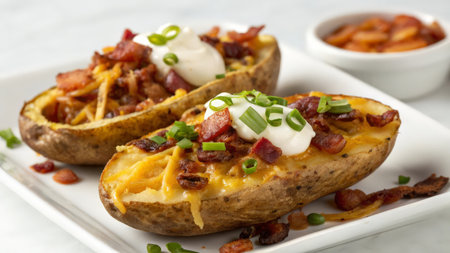 Baked potatoes with bacon, cheese and sour cream on white plateの素材