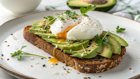 Avocado toast with poached egg on white plate, closeupの素材