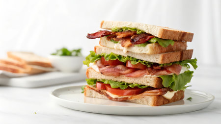 Plate with tasty bacon sandwich on white marble table, closeupの素材