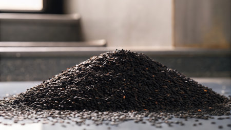 Pile of black sesame seeds in a modern kitchen, selective focusの素材