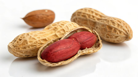 Peanuts isolated on white background. Close-up of peanuts.の素材