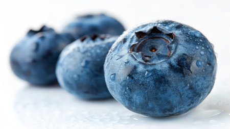 Blueberries with water drops on a white background, close-upの素材
