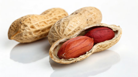 Peanuts in shell on a white background, close-up.の素材