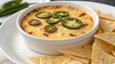 Bowl with tasty chili sauce and nachos on table, closeupの素材