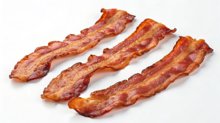 Crispy fried bacon slices on white background, close-upの素材