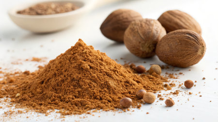 Nutmeg powder and whole nutmeg on white wooden table, closeupの素材
