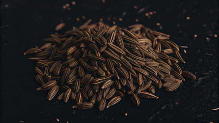 Cumin seeds on a dark background as detailed close-up shot; selective focusの素材
