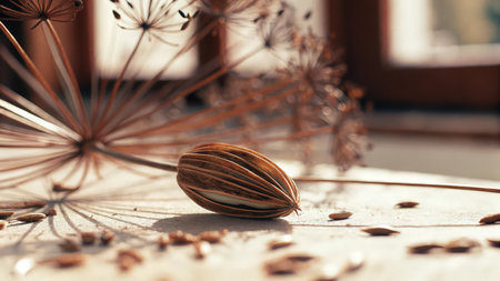 Dried seeds of a plant on a wooden table. Selective focus.の素材