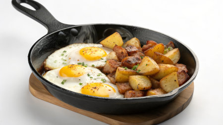 Fried eggs with bacon and potatoes in a cast-iron panの素材