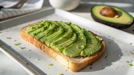 Toast with avocado on white table, closeup. Healthy breakfastの素材