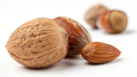 Group of hazelnuts and peanuts isolated on a white background.の素材