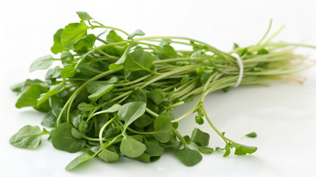 Fresh watercress on a white background, close-up.の素材