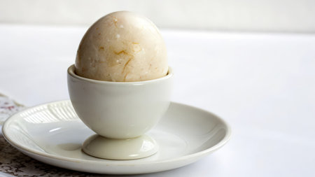 Boiled egg in a cup on a white tablecloth closeupの素材
