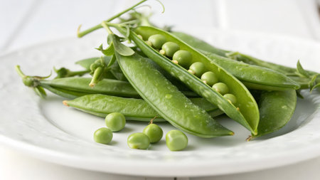 Fresh green peas on a white plate, close-up, verticalの素材