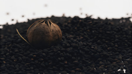 Black sesame seeds on white background. Close up. Selective focus.の素材