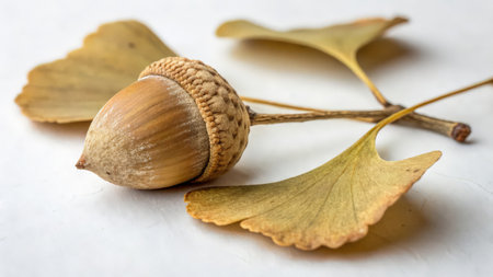 Autumn leaves and acorns on a white background, close upの素材