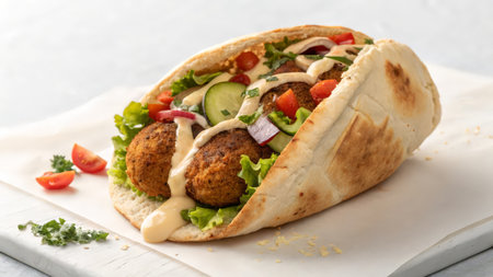 tortilla with falafel and vegetables on a white backgroundの素材