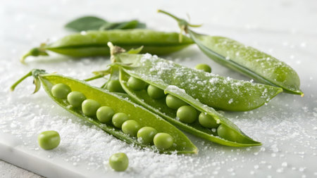 Fresh green peas on white wooden table, closeup. Space for textの素材