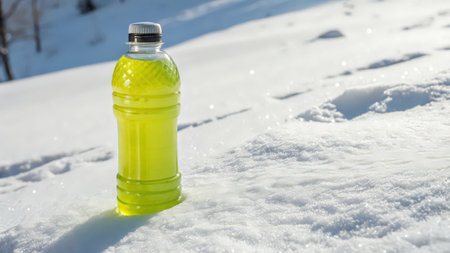 Yellow plastic bottle of water on the snow in the winter forest.の素材