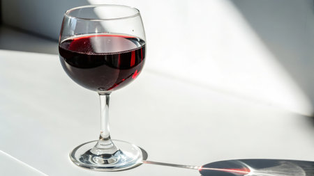 Glass of red wine on a white table in a restaurant. Selective focusの素材