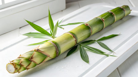 bamboo shoot with green leaves on the white wooden windowsill.の素材