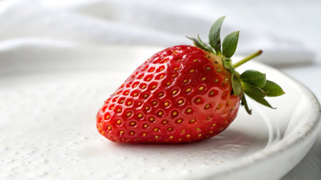 Strawberry on a white plate, close-up, selective focusの素材