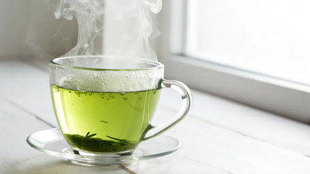 A cup of hot green tea on the windowsill, close-upの素材